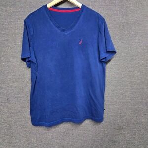 Nautica Mens V-Neck T-Shirt Navy Blue Short Sleeve Cotton Blend Logo Size Medium